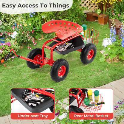 Steerable Garden Cart Rolling Scooter with Extendable Handle and Storage Basket-Red