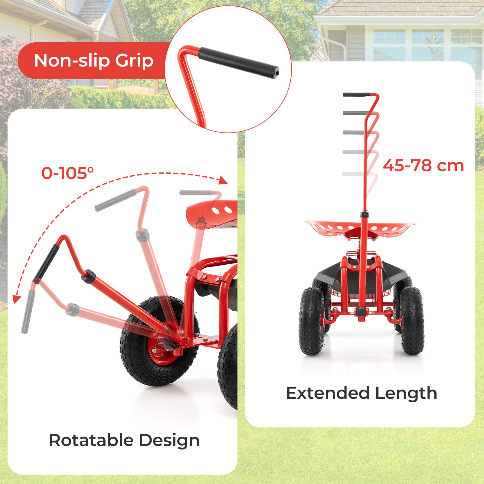 Steerable Garden Cart Rolling Scooter with Extendable Handle and Storage Basket-Red