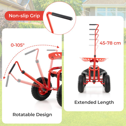 Steerable Garden Cart Rolling Scooter with Extendable Handle and Storage Basket-Red