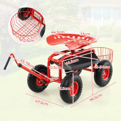 Steerable Garden Cart Rolling Scooter with Extendable Handle and Storage Basket-Red