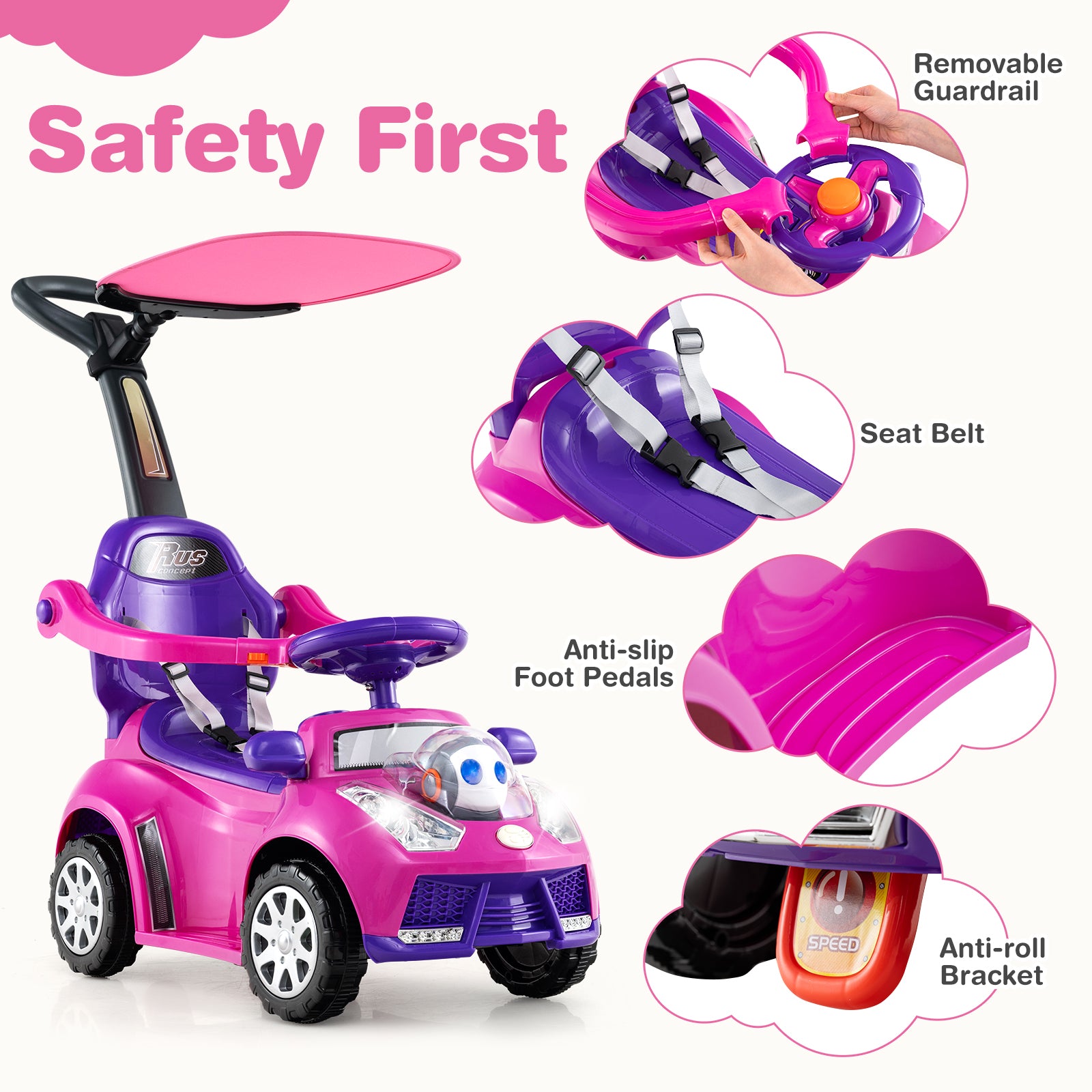 3 in 1 Push Car Stroller Sliding Walking Car with Horn for Toddler -Pink
