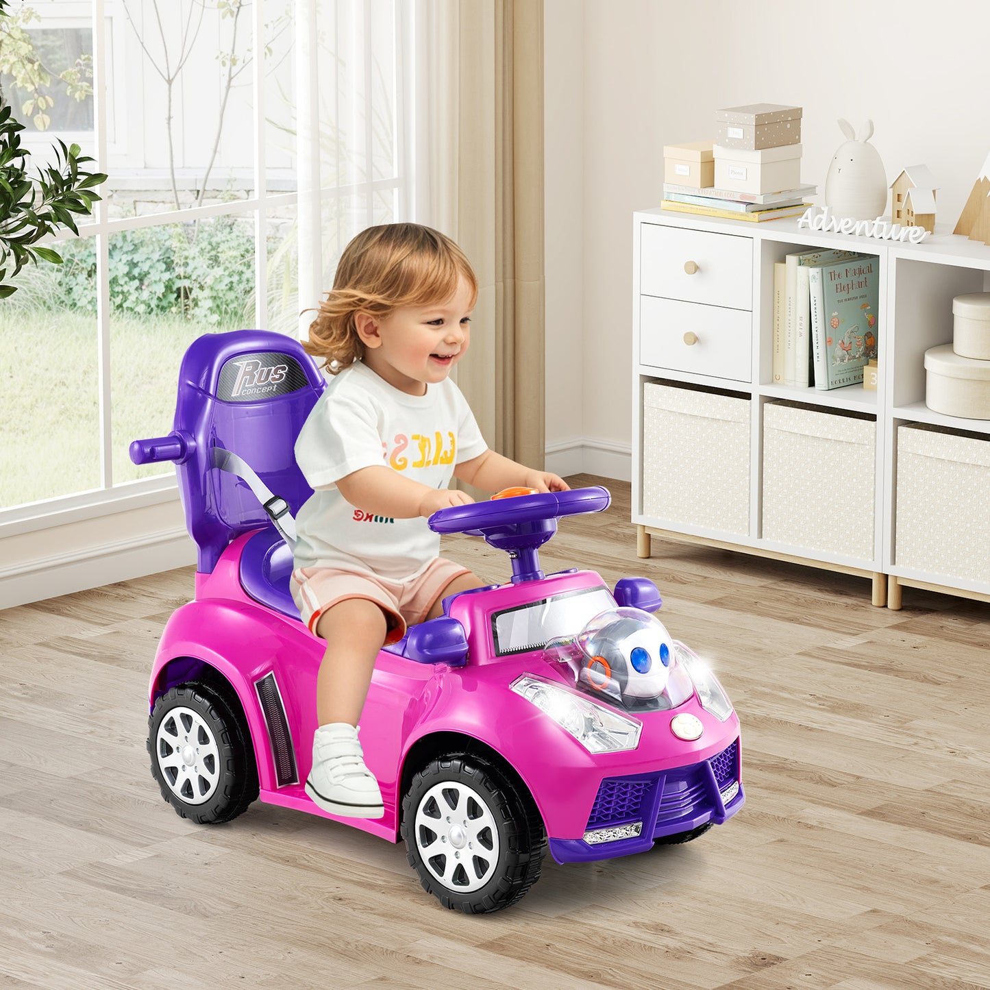 3 in 1 Push Car Stroller Sliding Walking Car with Horn for Toddler -Pink