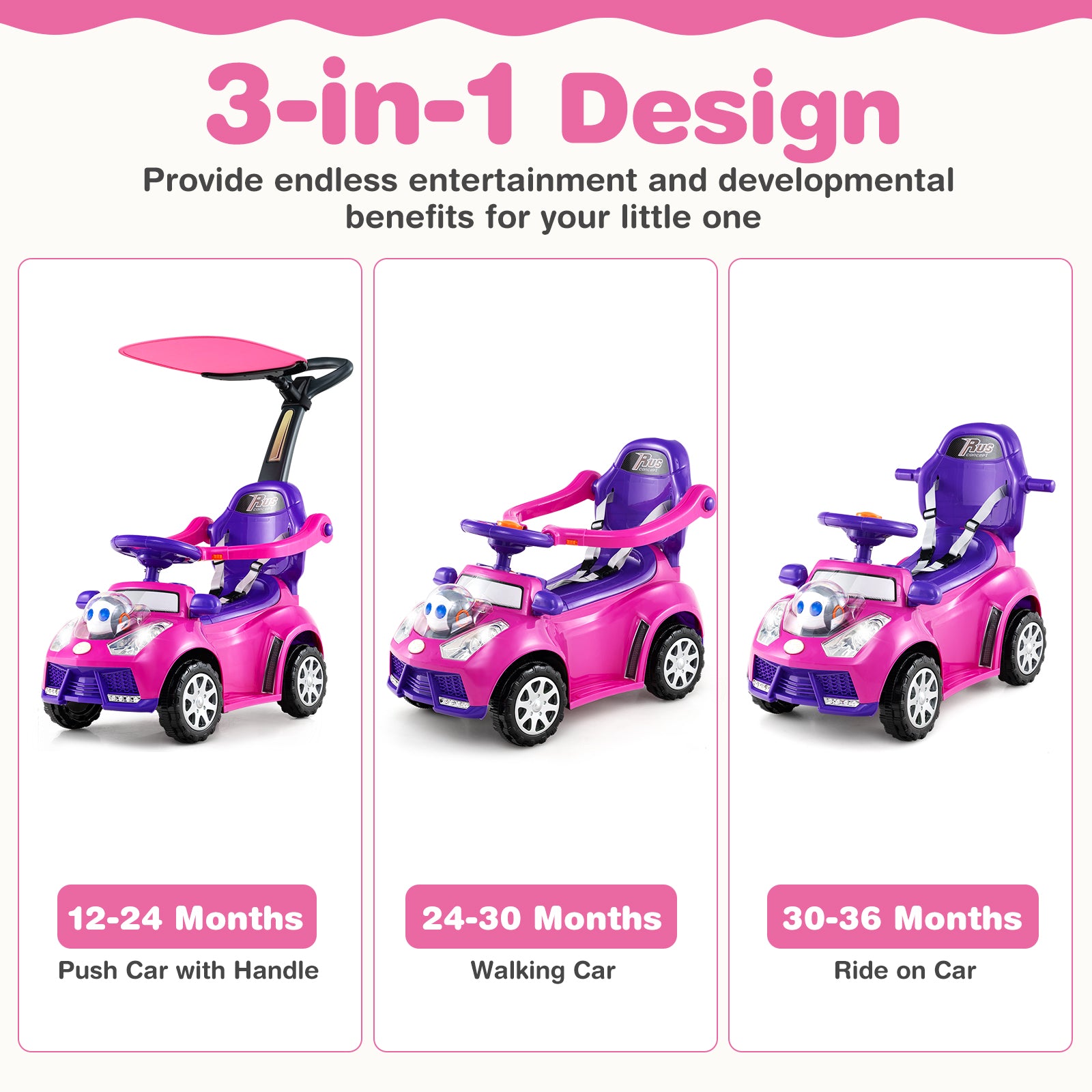 3 in 1 Push Car Stroller Sliding Walking Car with Horn for Toddler -Pink
