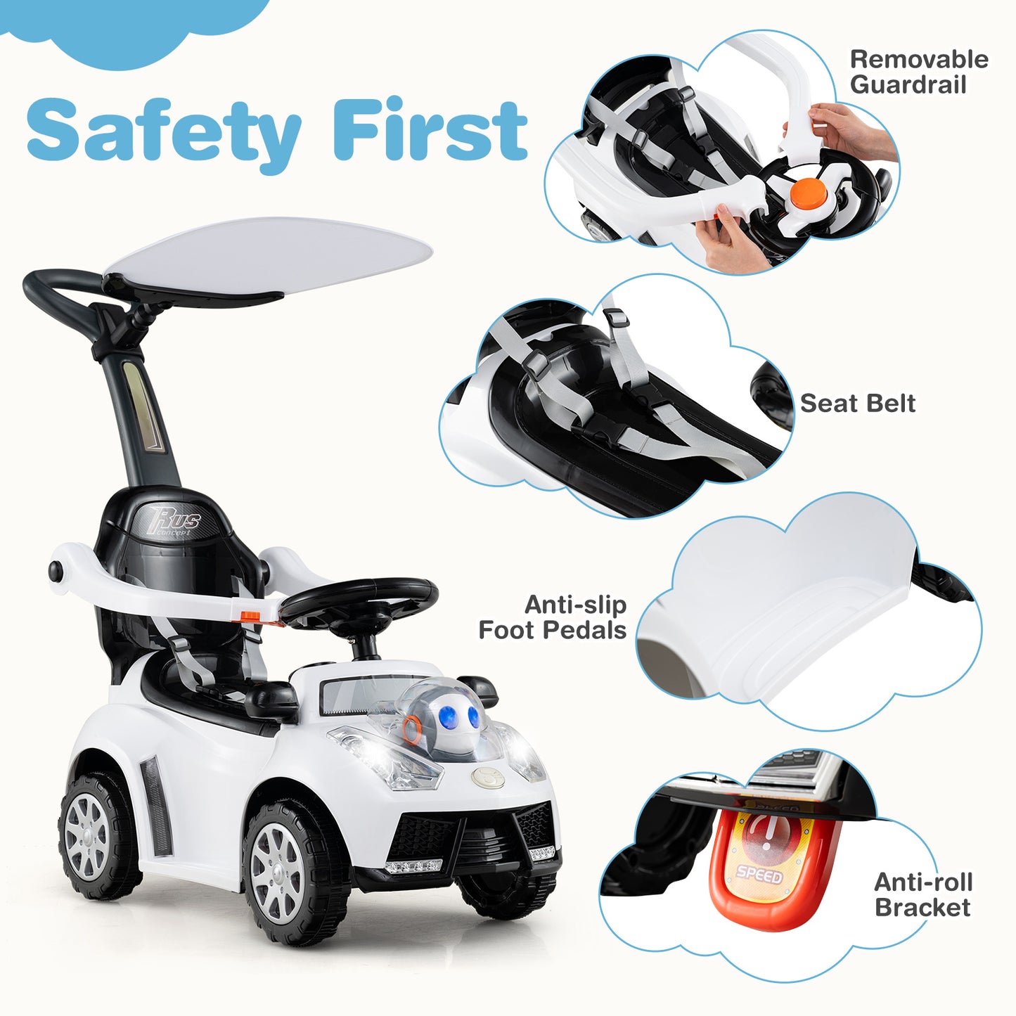 3 in 1 Push Car Stroller Sliding Walking Car with Hor forn Toddler -White