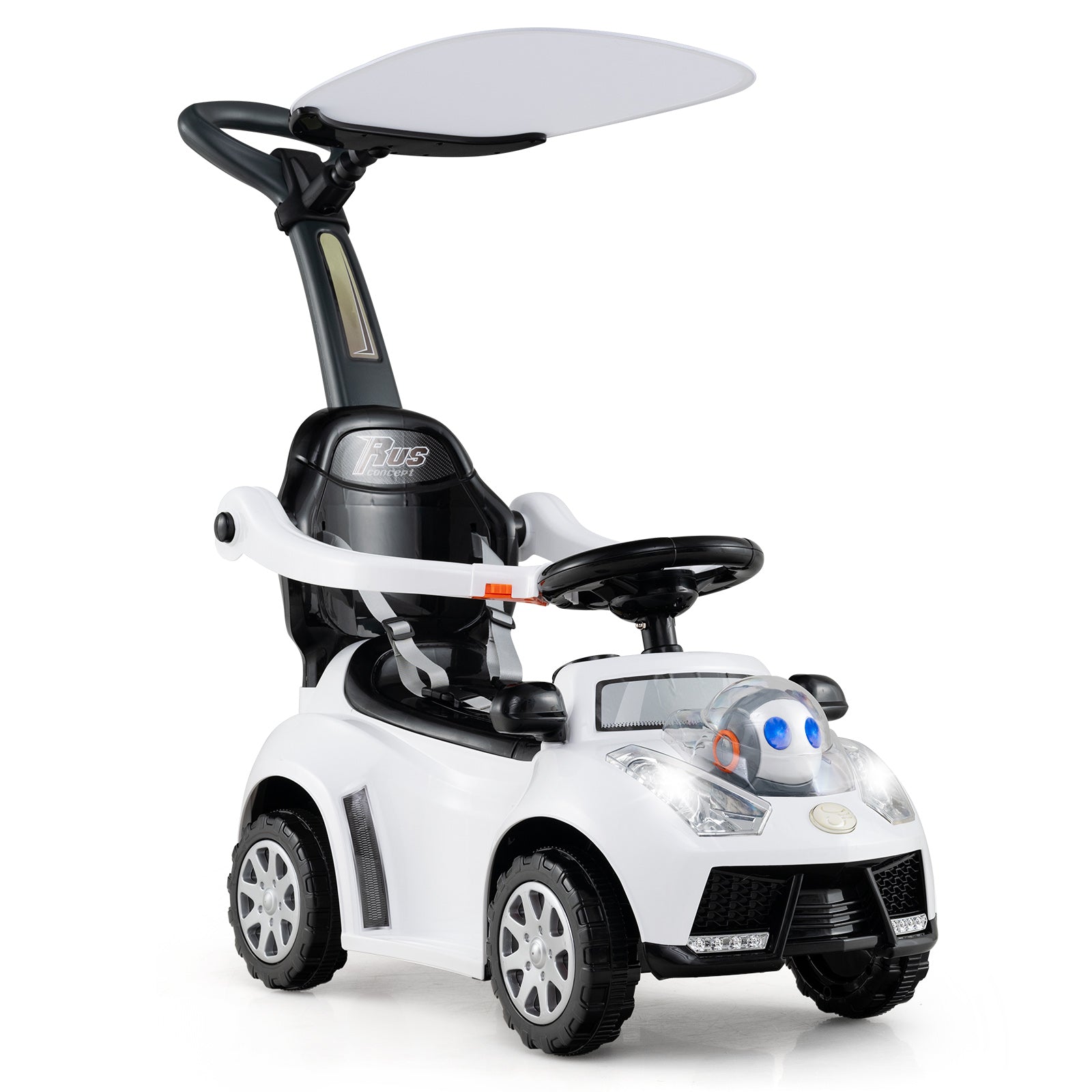 3 in 1 Push Car Stroller Sliding Walking Car with Hor forn Toddler -White