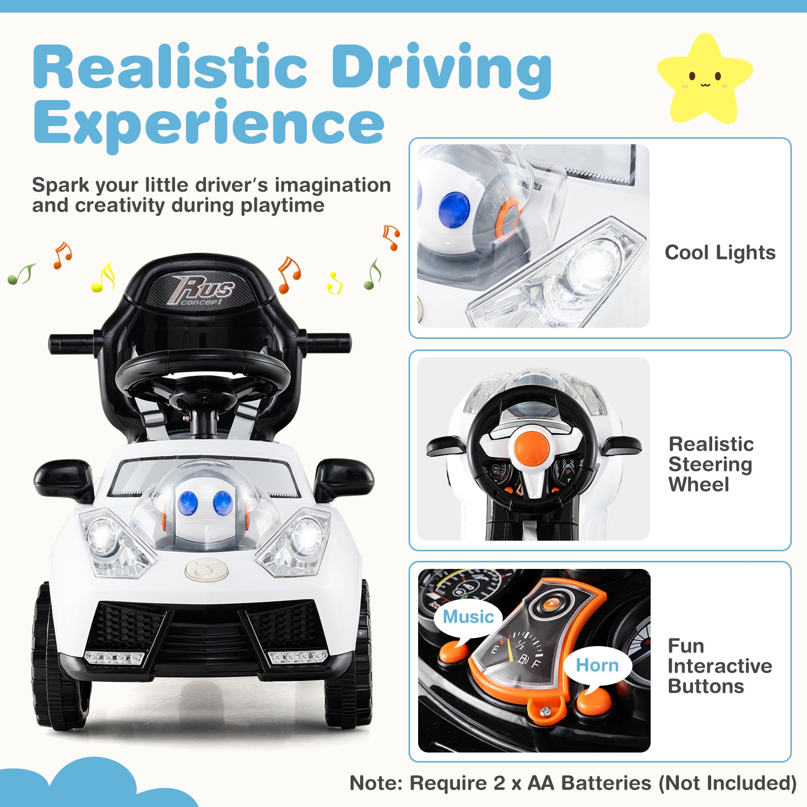 3 in 1 Push Car Stroller Sliding Walking Car with Hor forn Toddler -White
