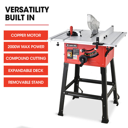 2000W 0.25m Table Saw with Stand, Extendable Deck, Laser Guide