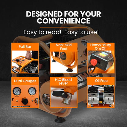 1.1kW 6L Silent Oil-Free Portable Electric Air Compressor, 17kg, 0.15m