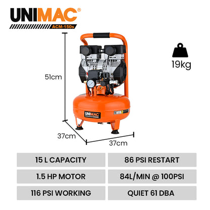 15L Portable Oil-Free Air Compressor, 1.1kW, 0.38m Tank, 19kg, 116PSI