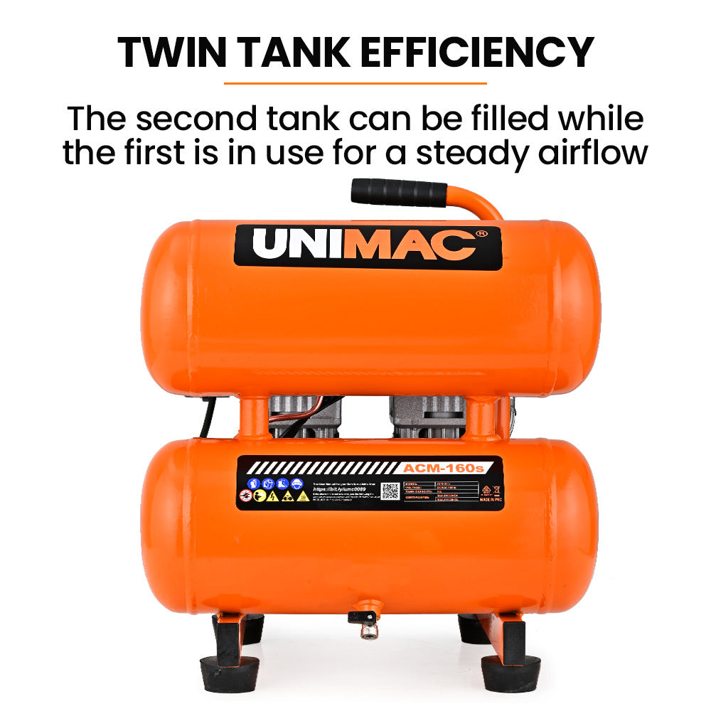 16L Twin Tank Portable Air Compressor, 116PSI, Silent Oil-Free, 1.1HP Motor