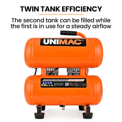 16L Twin Tank Portable Air Compressor, 116PSI, Silent Oil-Free, 1.1HP Motor
