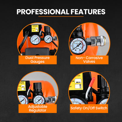 16L Twin Tank Portable Air Compressor, 116PSI, Silent Oil-Free, 1.1HP Motor