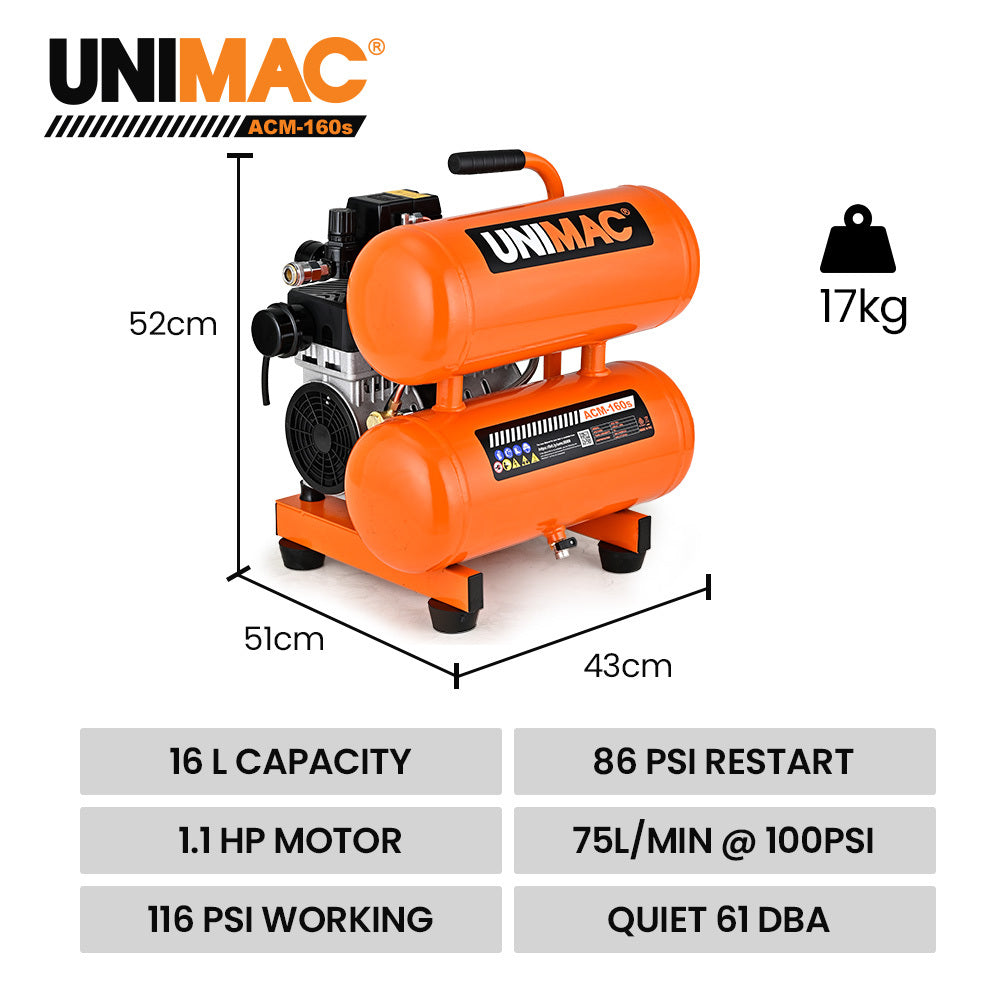 16L Twin Tank Portable Air Compressor, 116PSI, Silent Oil-Free, 1.1HP Motor