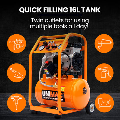 16L Silent Electric Air Compressor, 116PSI, Portable with Wheels & Handle