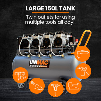 150L Ultra-Quiet Oil-Free Electric Air Compressor with Quad Motor, 4.5 HP