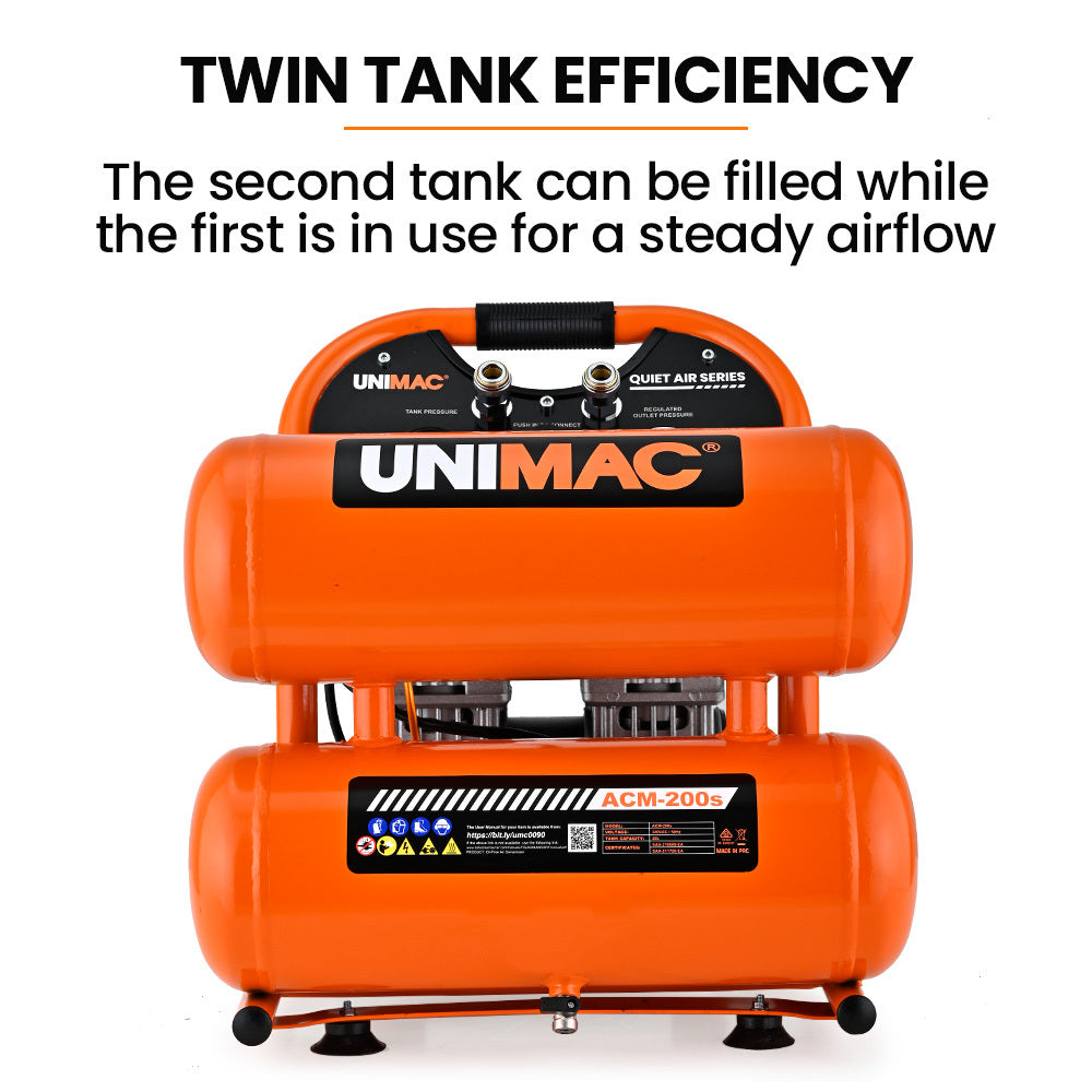 20L Twin-Tank Silent Air Compressor, 1.1HP Portable Oil-Free Electric