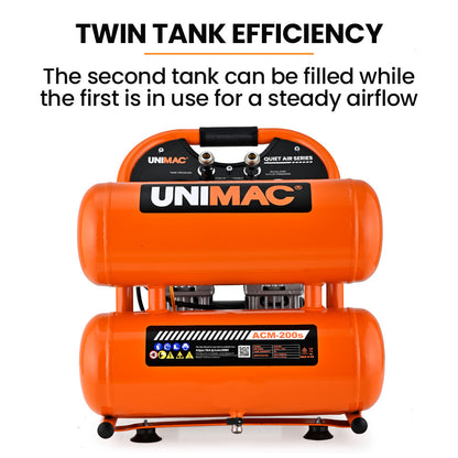 20L Twin-Tank Silent Air Compressor, 1.1HP Portable Oil-Free Electric