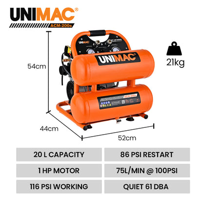 20L Twin-Tank Silent Air Compressor, 1.1HP Portable Oil-Free Electric