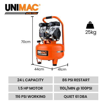 24L Portable Air Compressor, 116 PSI, Silent Oil-Free Electric, 25 kg, 0.6 m³