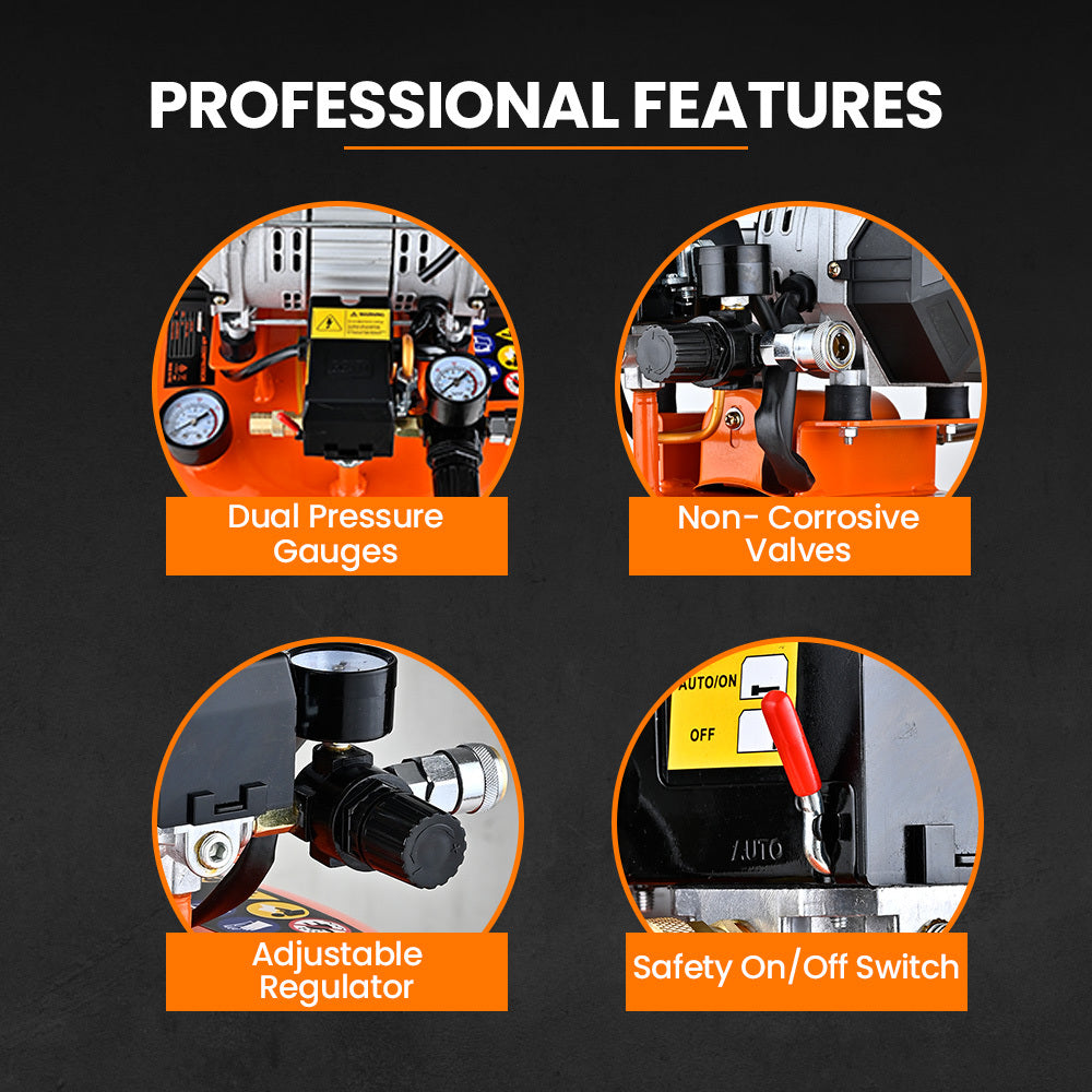 24L Portable Air Compressor, 116 PSI, Silent Oil-Free Electric, 25 kg, 0.6 m³