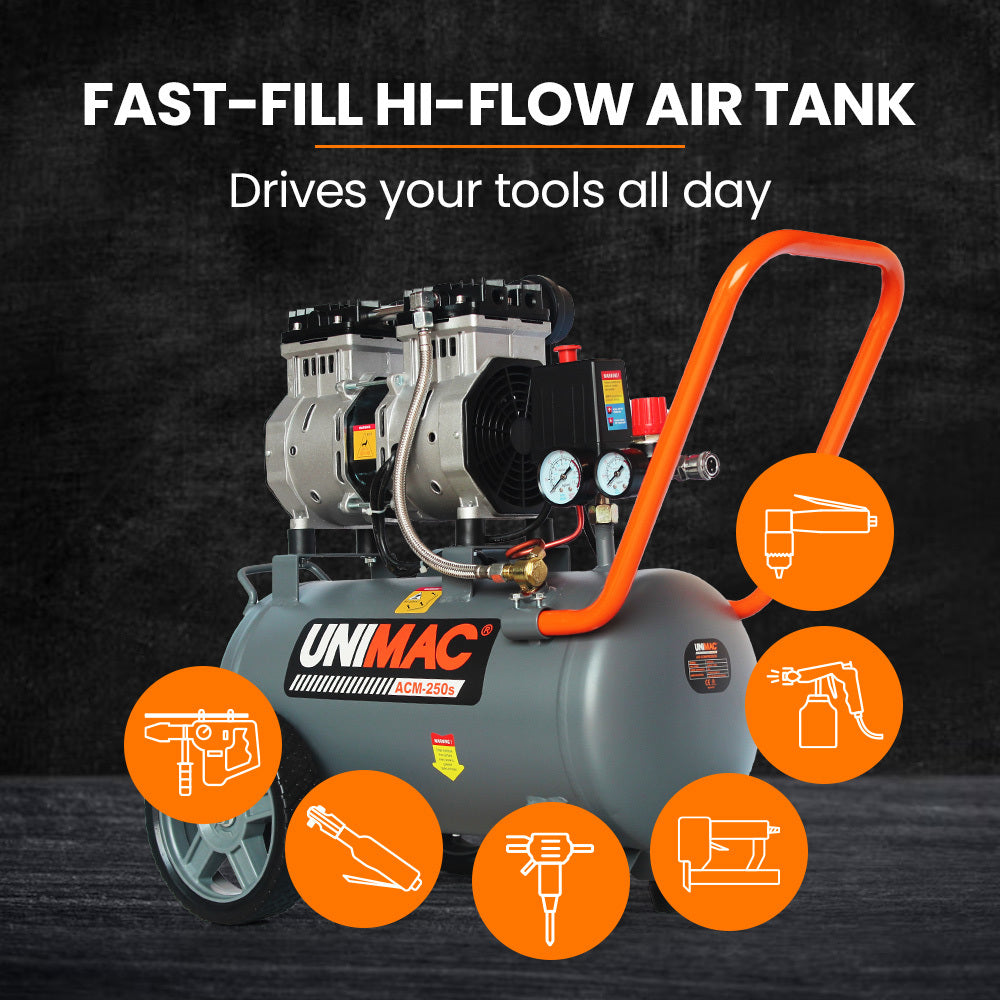 Silent 24L Air Compressor, 1.1kW, Oil-Free, Portable, for Various Air Tools