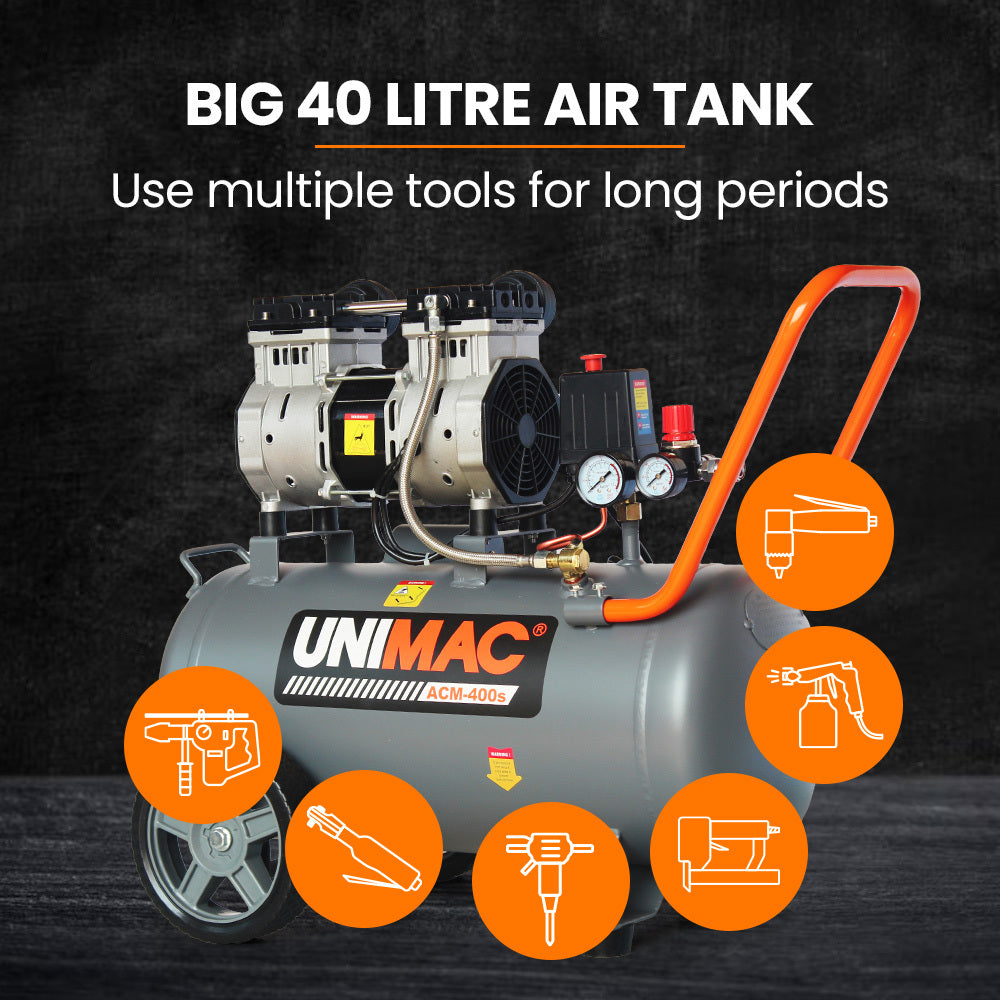 40L 2.0HP Silent Oil-Free Electric Air Compressor with Twin Outlets, Portable