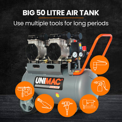 50L Silent Oil-Free Electric Air Compressor with Twin Outlets, 3.0HP, 0.5m Tank