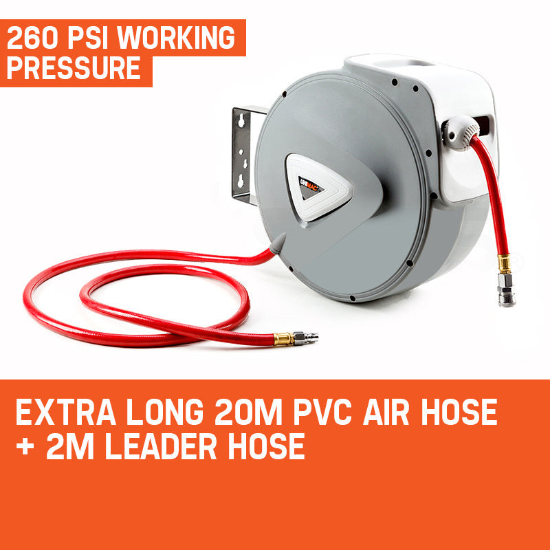 20m Wall-Mounted Air Hose Reel with Auto Rewind and 180° Swivel