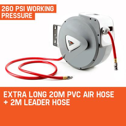 20m Wall-Mounted Air Hose Reel with Auto Rewind and 180° Swivel