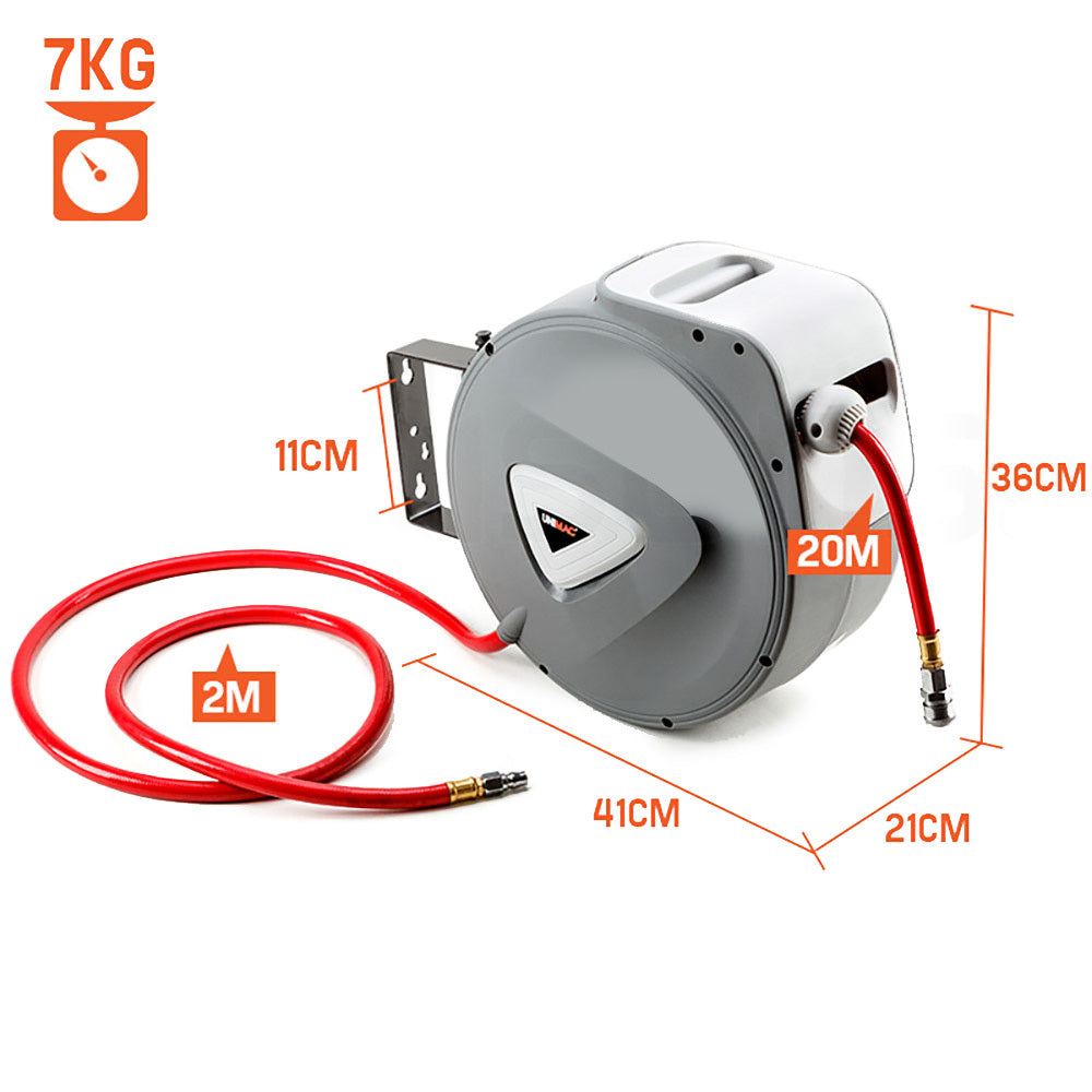 20m Wall-Mounted Air Hose Reel with Auto Rewind and 180° Swivel