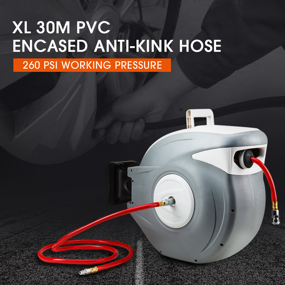 30m Wall-Mounted Retractable Air Hose Reel with Auto Rewind and Swivel
