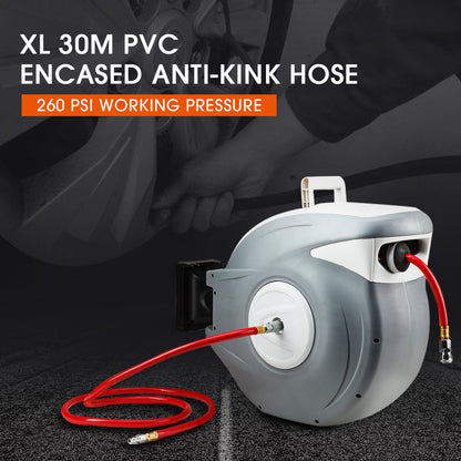 30m Wall-Mounted Retractable Air Hose Reel with Auto Rewind and Swivel