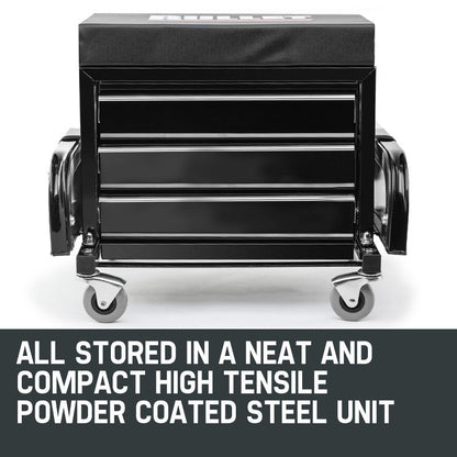 2-in-1 Rolling Tool Box Stool with 3 Drawers, 158kg Capacity & Swivel Wheels