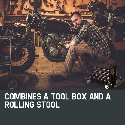 2-in-1 Rolling Tool Box Stool with 3 Drawers, 158kg Capacity & Swivel Wheels