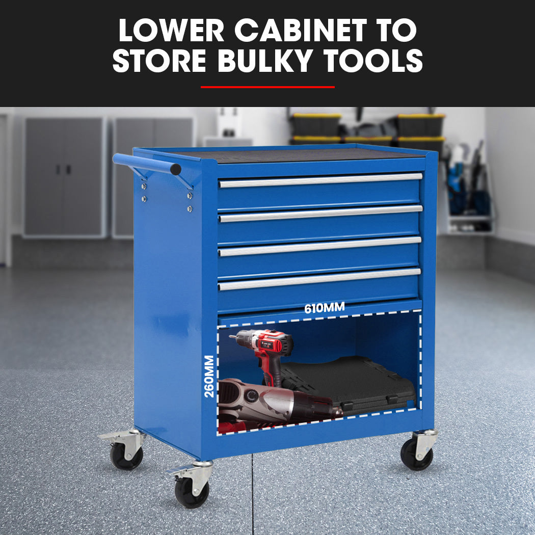 4-Drawer Tool Box Cabinet with 1-Door, 0.1m Trolley Storage, Blue