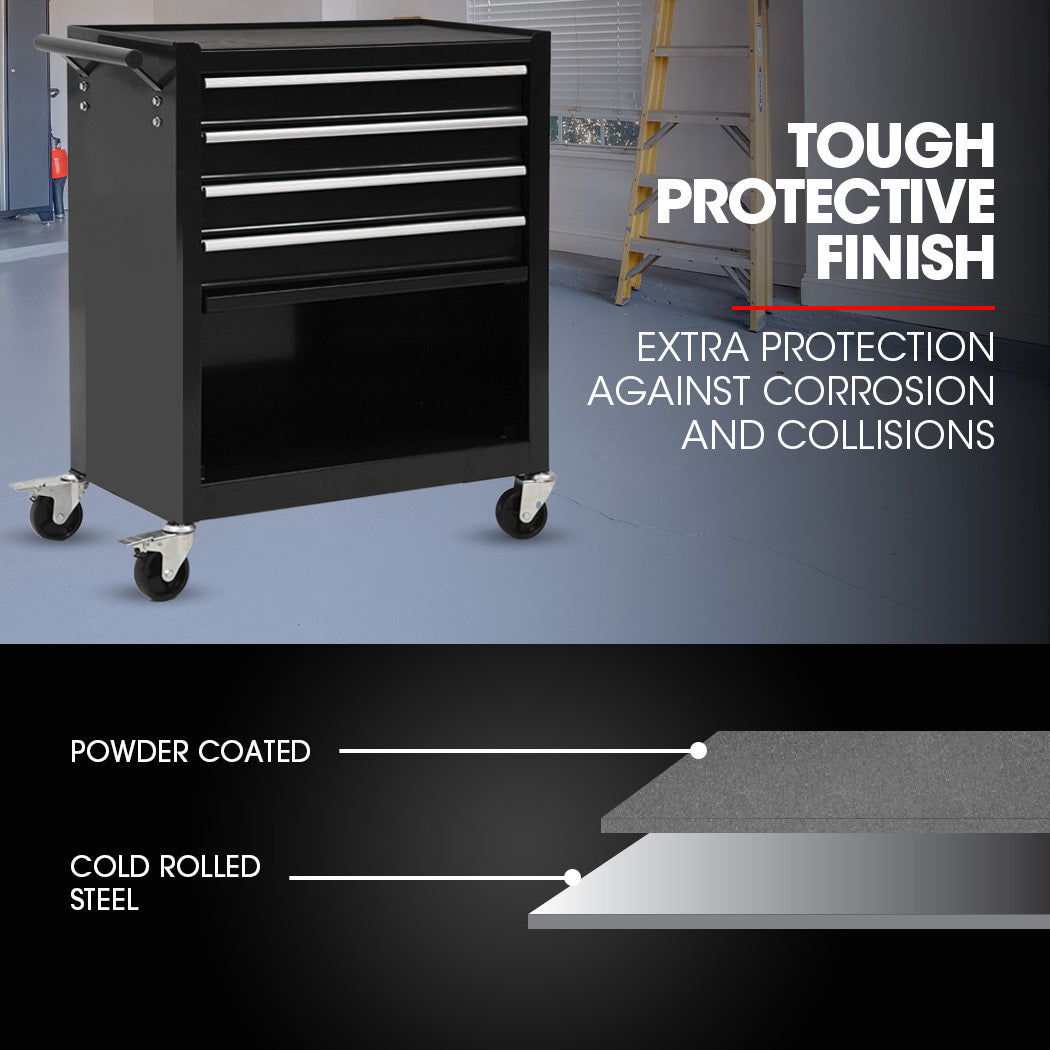 4-Drawer 1-Door Tool Box Cabinet Trolley Storage, Black - 1m Secure Organizer