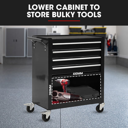 4-Drawer 1-Door Tool Box Cabinet Trolley Storage, Black - 1m Secure Organizer