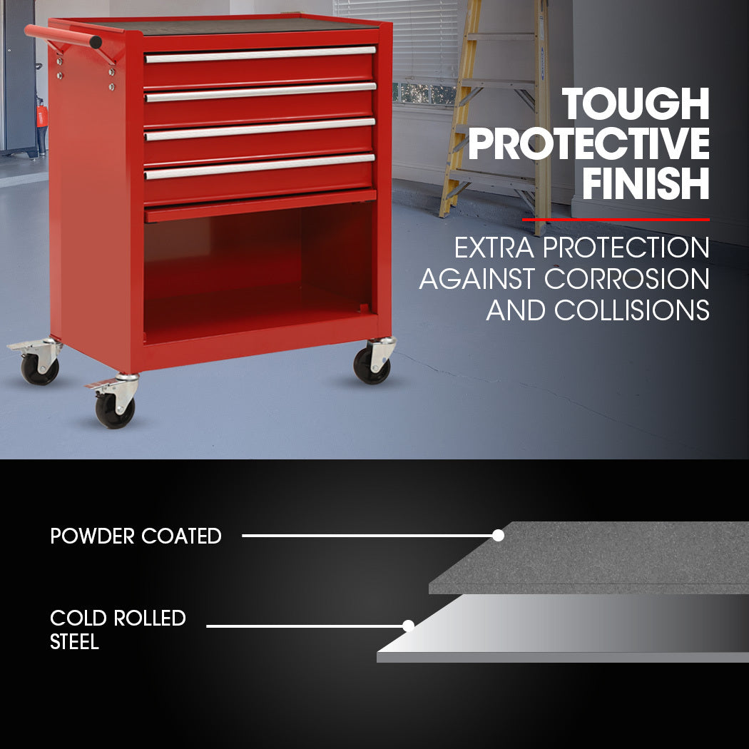 4-Drawer Tool Cabinet Trolley with 1-Door, 1.02m Storage Organizer, Red