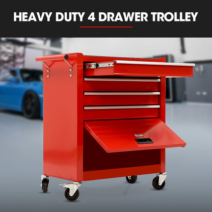 4-Drawer Tool Cabinet Trolley with 1-Door, 1.02m Storage Organizer, Red