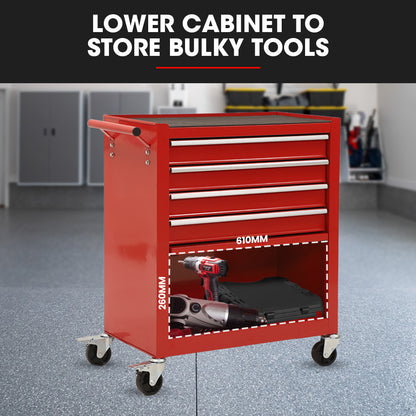 4-Drawer Tool Cabinet Trolley with 1-Door, 1.02m Storage Organizer, Red