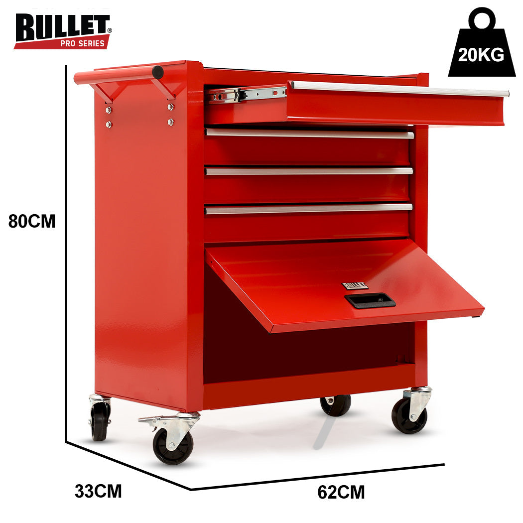 4-Drawer Tool Cabinet Trolley with 1-Door, 1.02m Storage Organizer, Red