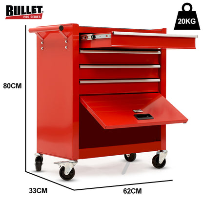 4-Drawer Tool Cabinet Trolley with 1-Door, 1.02m Storage Organizer, Red