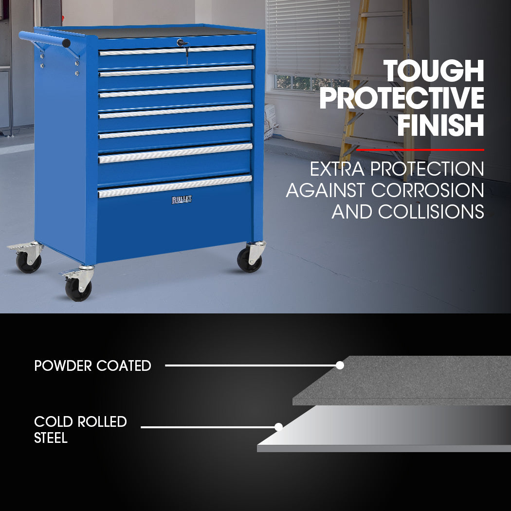 7-Drawer Tool Cabinet with Lockable Wheels and Security System, Blue