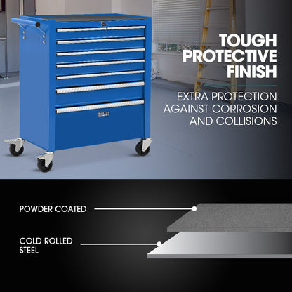 7-Drawer Tool Cabinet with Lockable Wheels and Security System, Blue