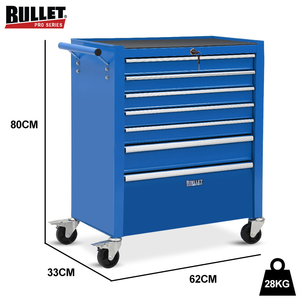 7-Drawer Tool Cabinet with Lockable Wheels and Security System, Blue