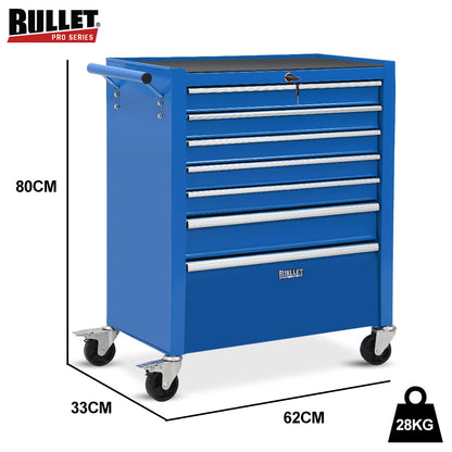 7-Drawer Tool Cabinet with Lockable Wheels and Security System, Blue