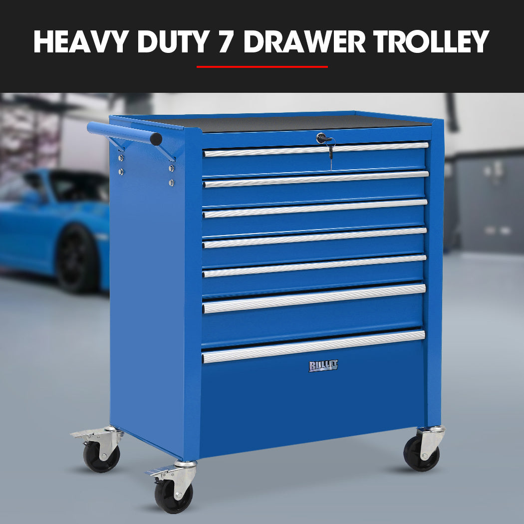 7-Drawer Tool Cabinet with Lockable Wheels and Security System, Blue