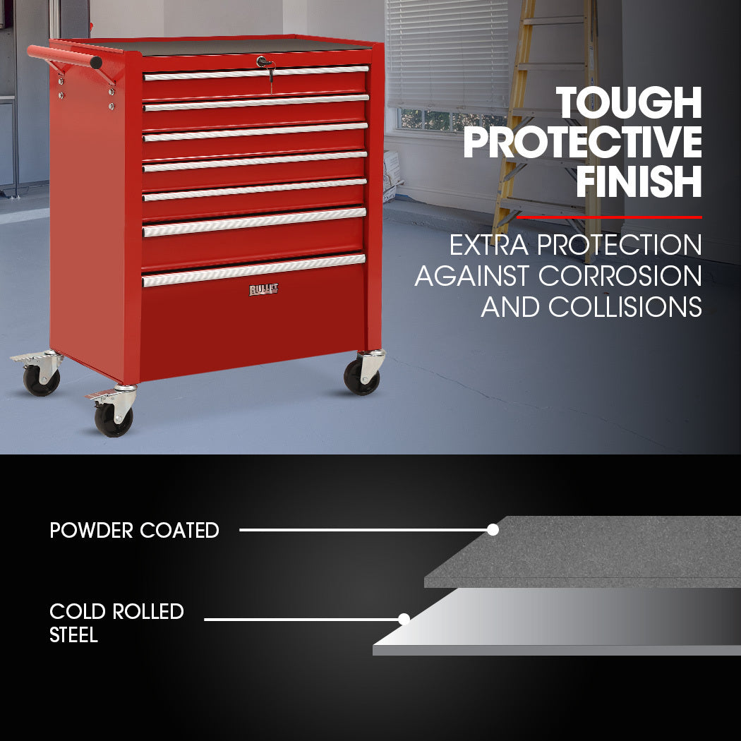 7-Drawer Lockable Tool Box Cabinet with Wheels and EVA Mats, Red