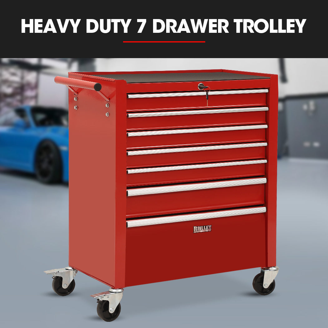 7-Drawer Lockable Tool Box Cabinet with Wheels and EVA Mats, Red