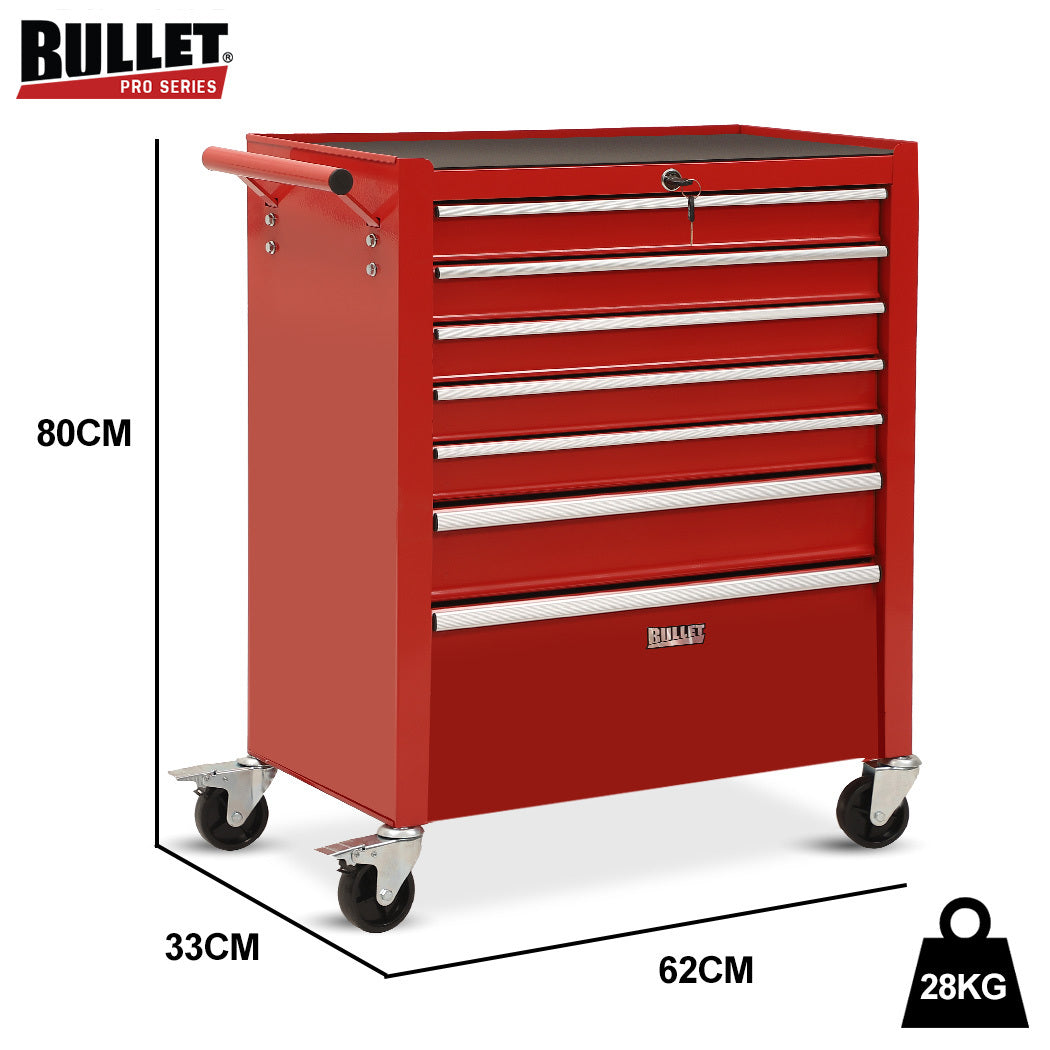7-Drawer Lockable Tool Box Cabinet with Wheels and EVA Mats, Red